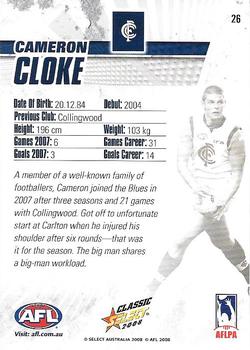 2008 Select AFL Classic #26 Cameron Cloke Back